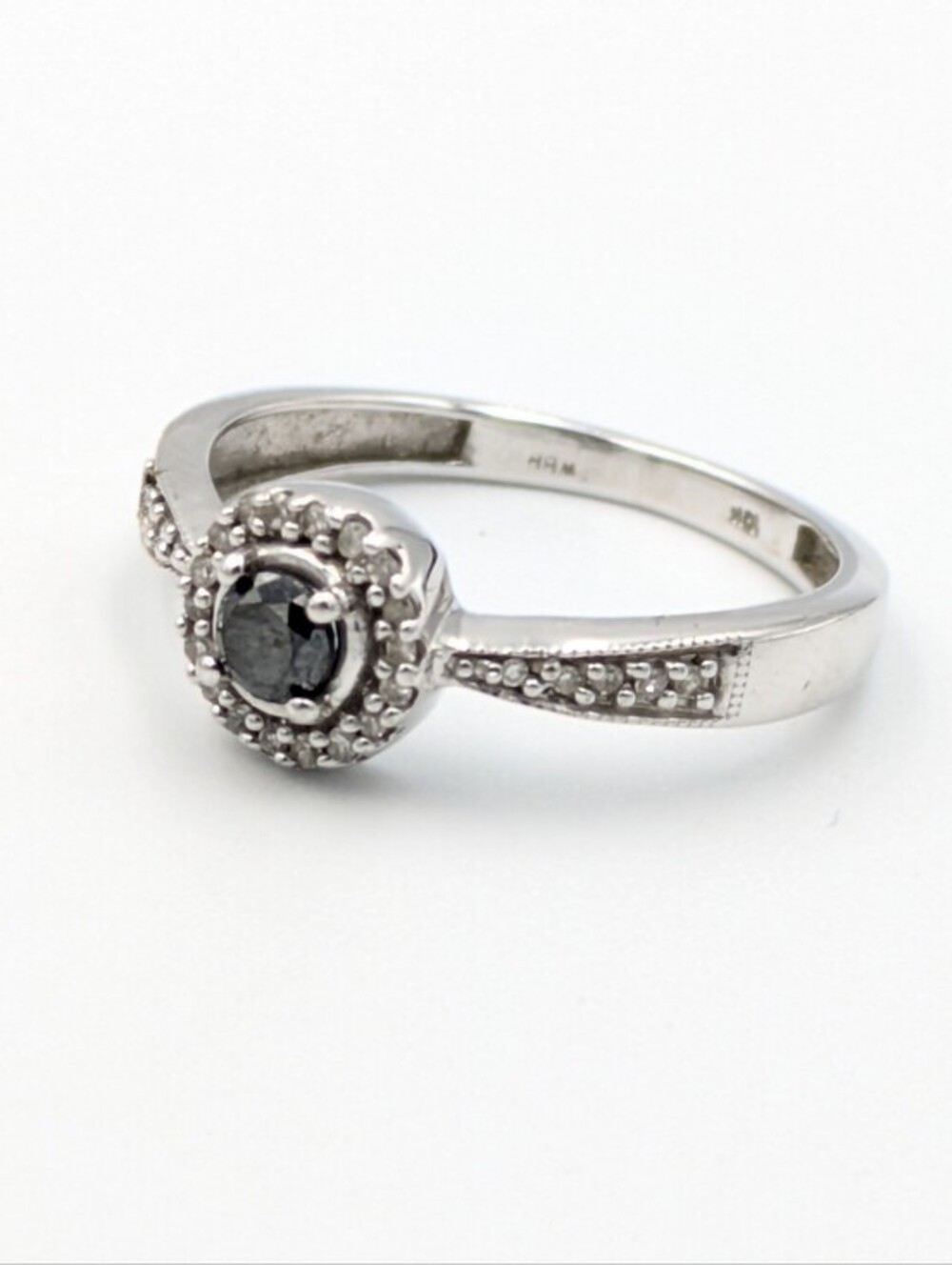 White gold 10k diamond and black diamond halo ring - Picture 5 of 11